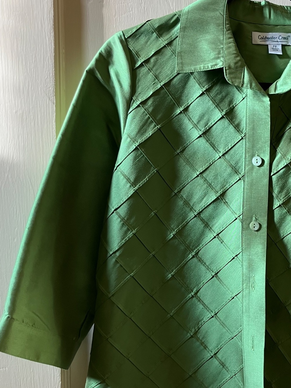 Coldwater Creek Emerald Green Woven-Panel Button Front Top